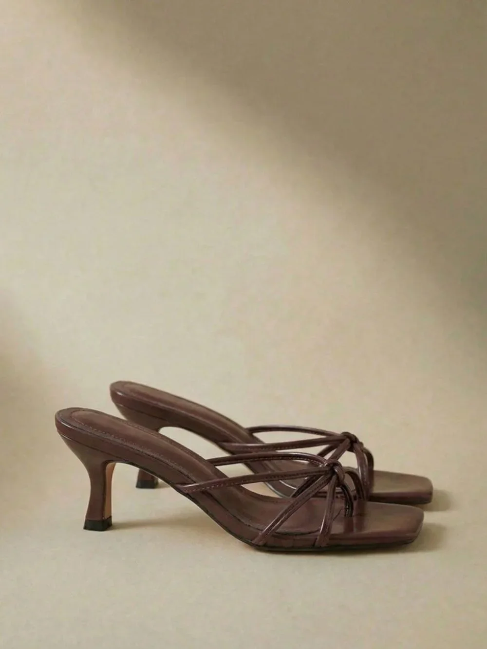 Brown Vegan Leather Strappy Knot Toe Ring Heeled Sandals